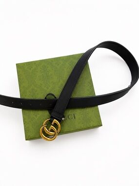 Gucci Black Leather Belt with Gold Double G Buckle